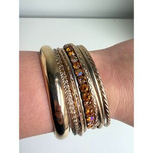 Gold Tone Bangle Bracelet Set Stack Rhinestone Stretch Mixed Styles Boho Chic